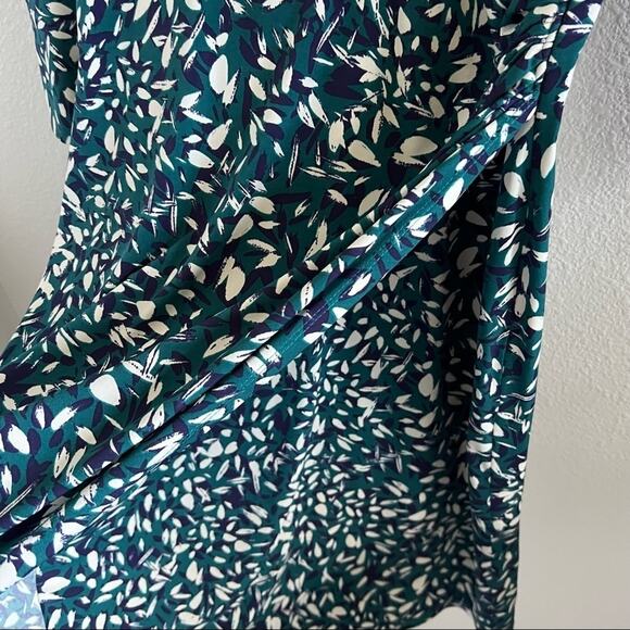 Eliza J Faux Wrap Collared Green Cream Navy Brushstroke Dress 6 - Picture 6 of 14